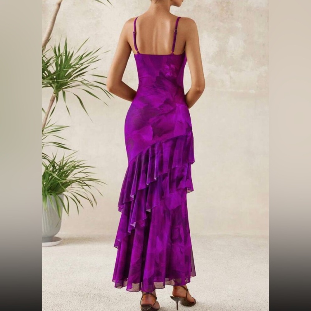 Sleeveless Purple Floral Ruffled Maxi Dress - Picture 2 of 5